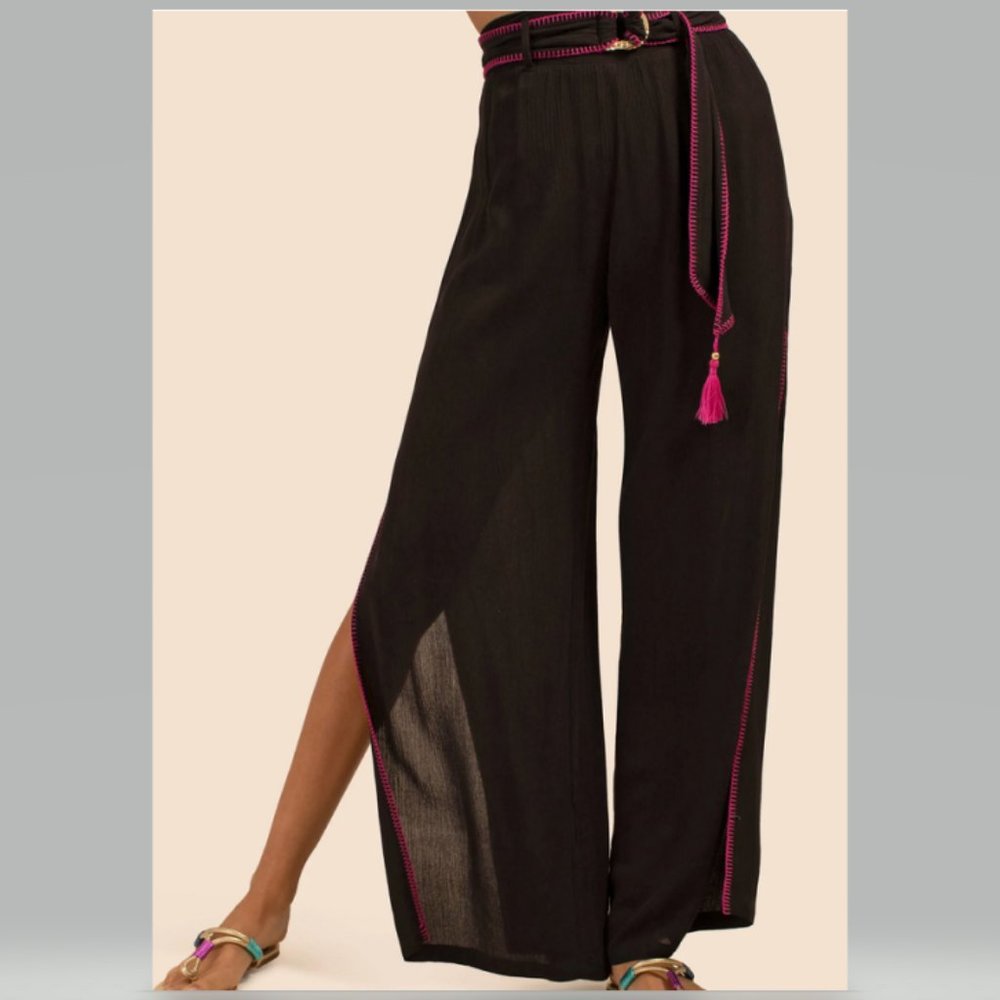 Trina Turk Brittany Side Slit Cover Up Pants in Black Size L NWT